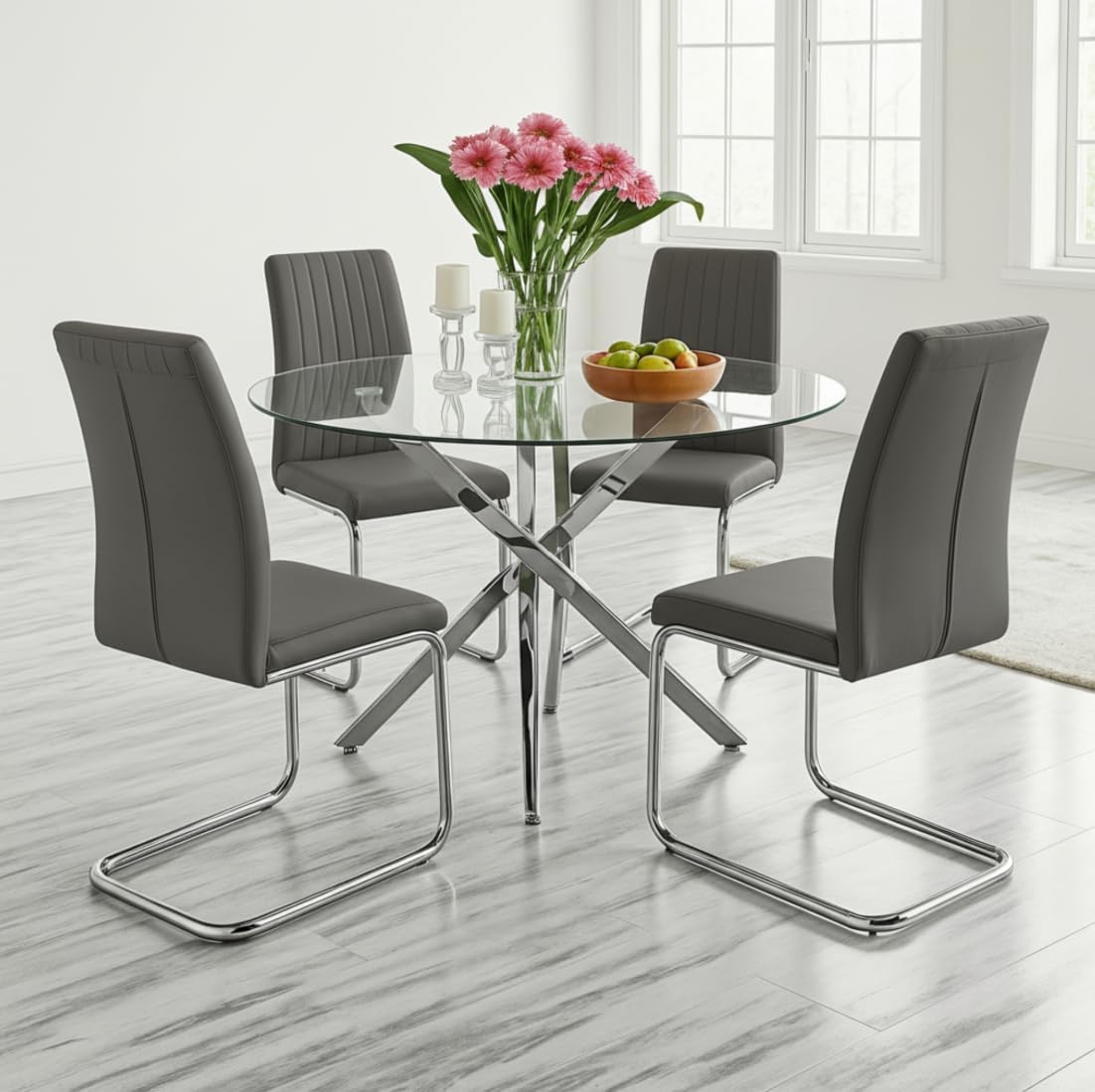 UNICORN FURNITURE 100cm Round Glass Dining Table Set with 4 Faux Leather Chairs – Chrome 4 Seater Dining Set