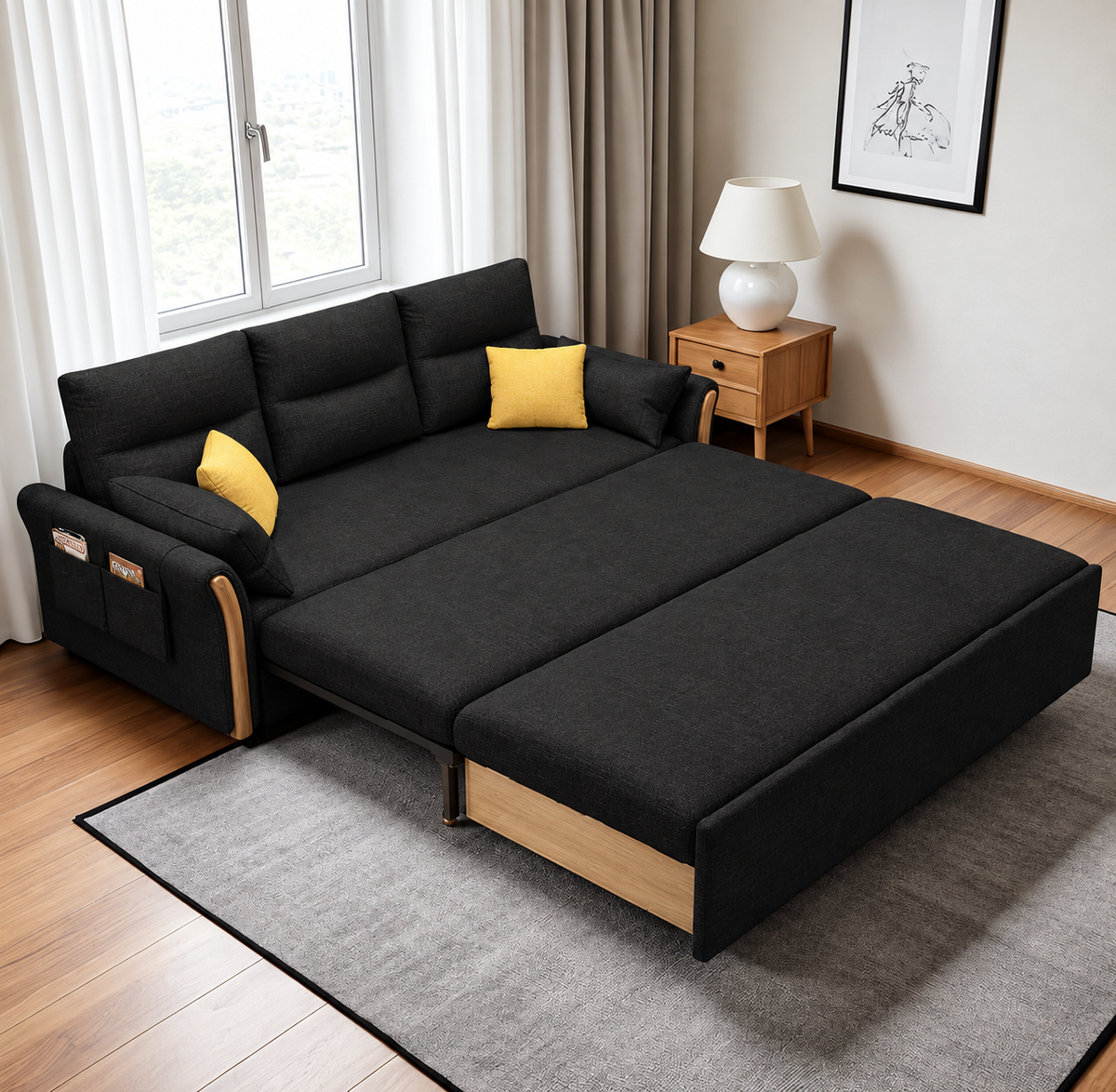 Unicorn Furniture Convertible Sofa Bed – King Size 3 Seater Pull Out Sofa Bed with Storage, Reclining Sleeper Couch, Tool-Free Assembly for Living Room & Guest Room (Black)
