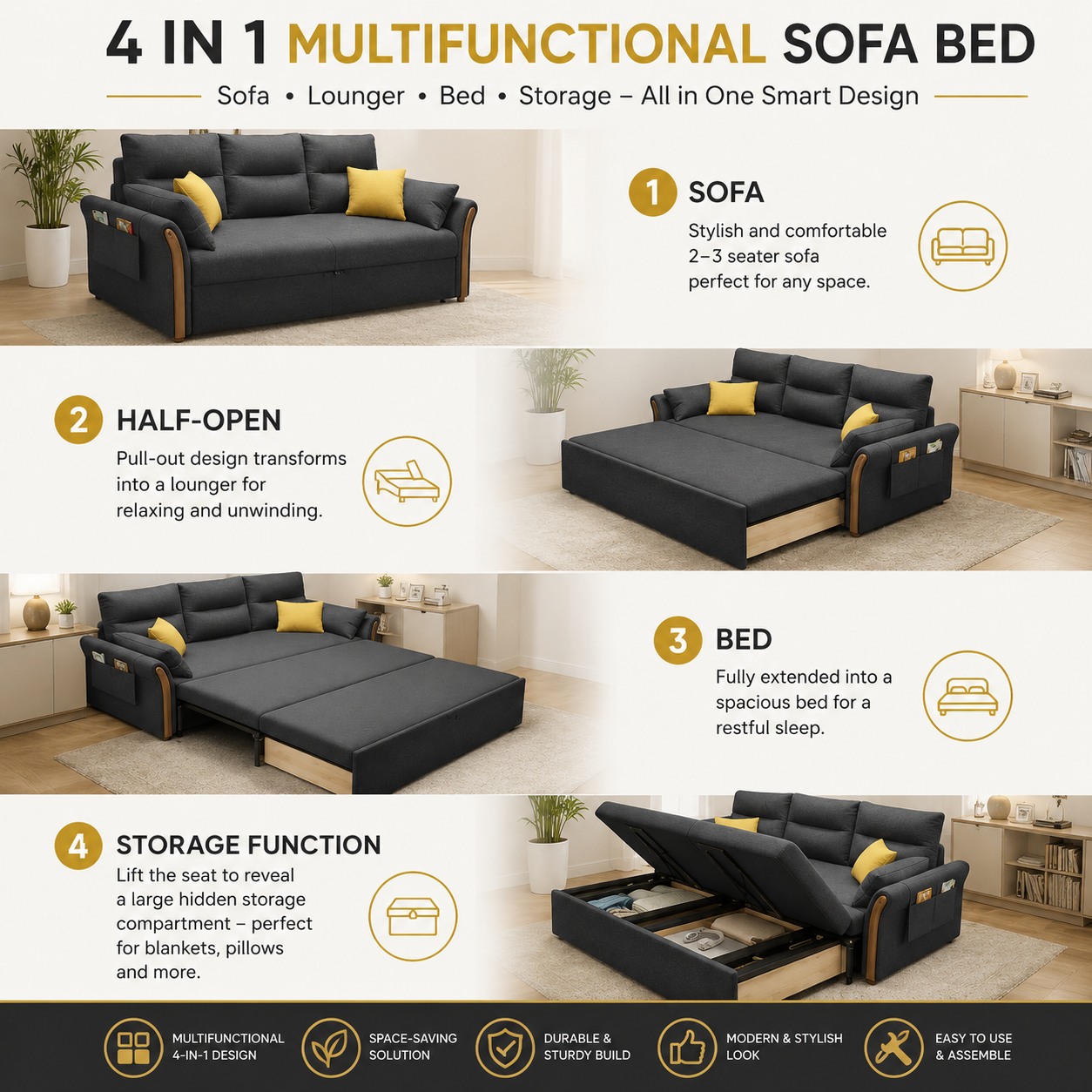 Unicorn Furniture Convertible Sofa Bed – King Size Pull Out Sofa Bed with Storage, Modern Reclining Sleeper Couch, Cotton Fabric, Tool-Free Assembly for Living Room & Guest Room (Grey)