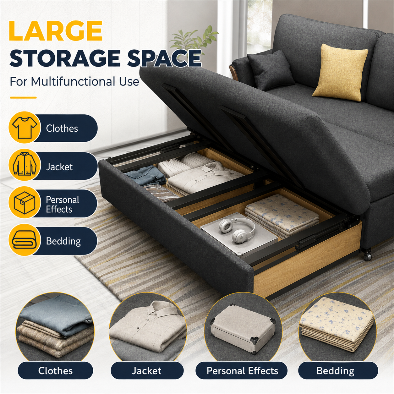 Unicorn Furniture Convertible Sofa Bed – King Size Pull Out Sofa Bed with Storage, Modern Reclining Sleeper Couch, Cotton Fabric, Tool-Free Assembly for Living Room & Guest Room (Grey)