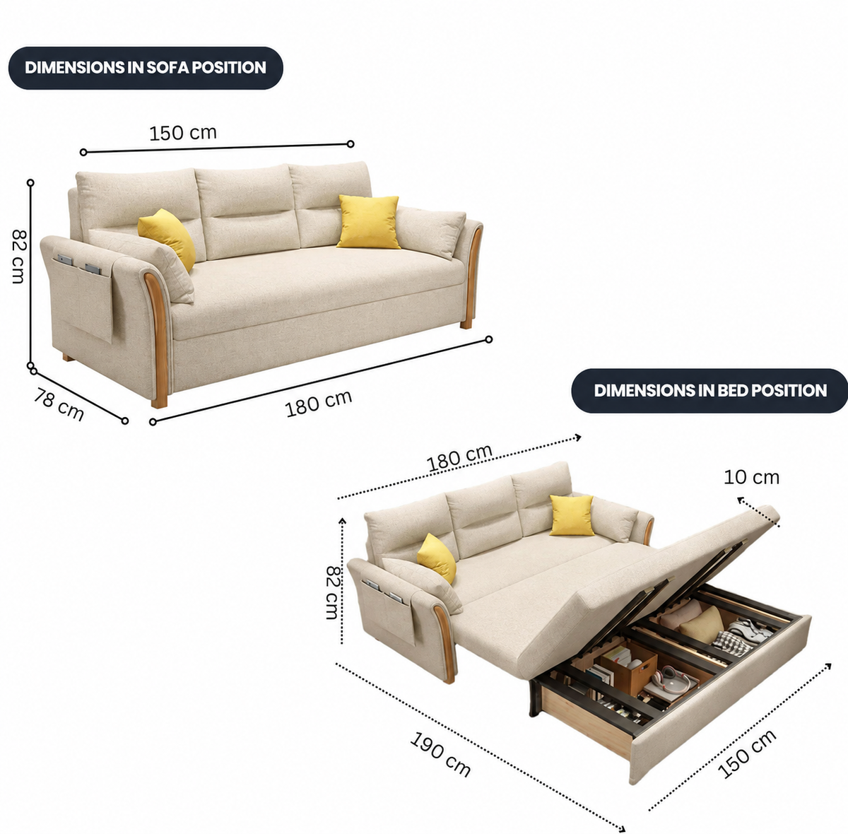 Unicorn Furniture Convertible Sofa Bed – King Size 3 Seater Pull Out Sofa Bed with Storage, Reclining Sleeper Couch, Tool-Free Assembly for Living Room & Guest Room (Beige)