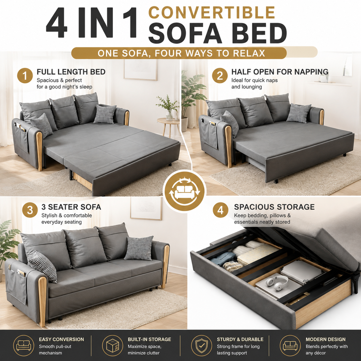 Unicorn Furniture Sofa Bed with Storage – 3 Seater Pull Out Convertible Sofa Bed, Reclining Sleeper in Breathable Leathaire