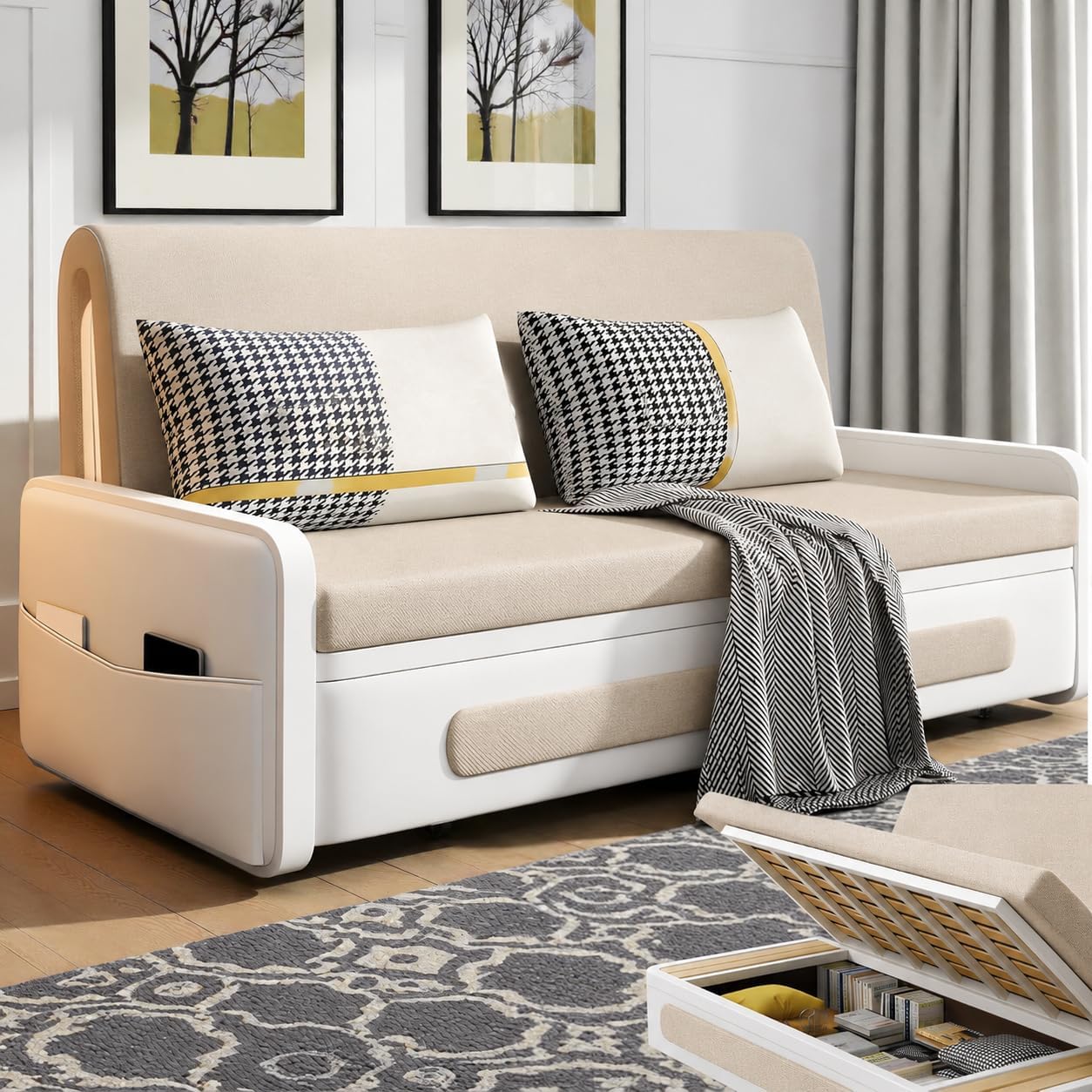 Unicorn Furniture Sofa Bed with Storage – Beige & White 2 Seater Pull Out Sofa Bed, Convertible Sleeper Sofa for Small Spaces, 158cm