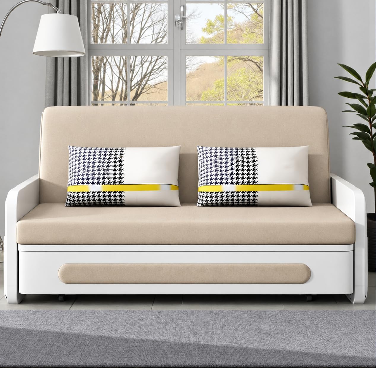 Unicorn Furniture Sofa Bed with Storage – Beige & White 2 Seater Pull Out Sofa Bed, Convertible Sleeper Sofa for Small Spaces, 158cm