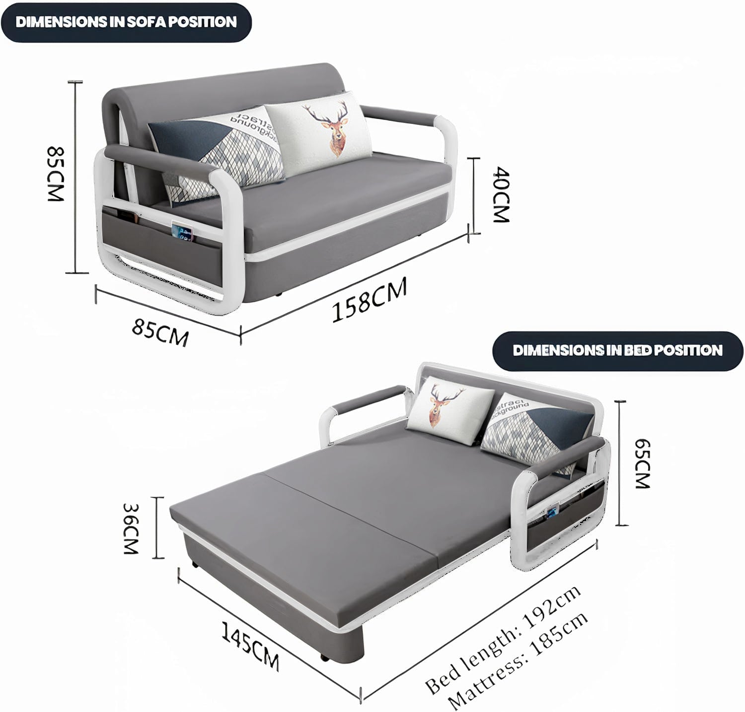UNICORN FURNITURE Sofa Bed with Storage – Pull Out Sofa Bed with Storage for Small Spaces, Sleeper Couch with Armrest Pockets, Foldable Reclining Design, Easy Assembly, 158cm Width (Glacier Grey)