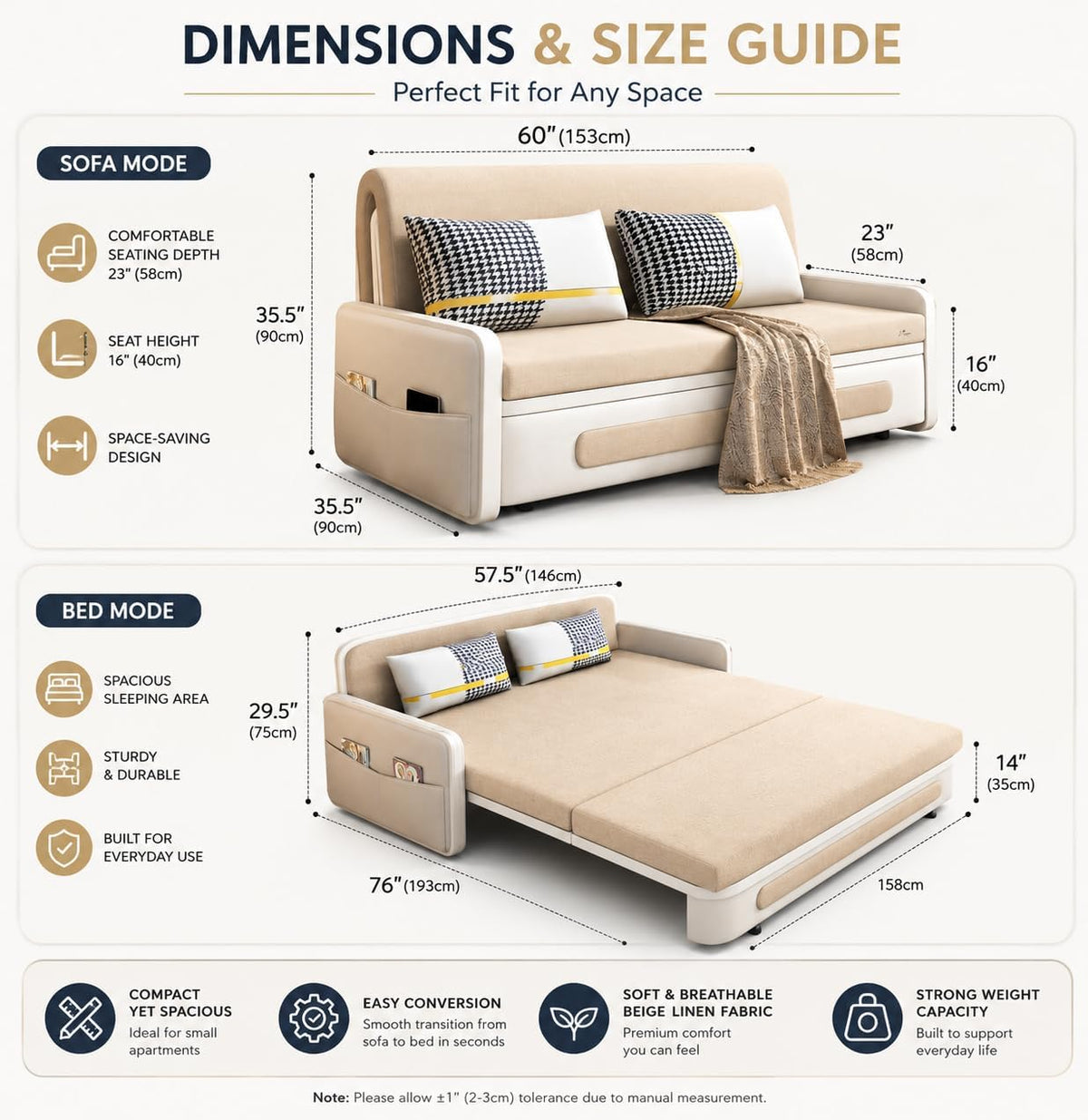 Unicorn Furniture Sofa Bed with Storage – Beige & White 2 Seater Pull Out Sofa Bed, Convertible Sleeper Sofa for Small Spaces, 158cm
