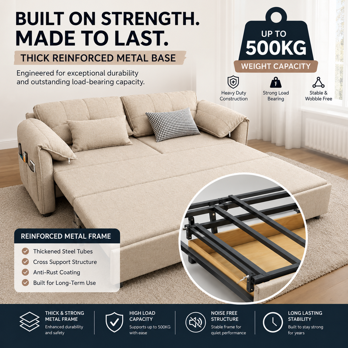 UNICORN FURNITURE Convertible Sofa Bed | Super King Pull Out Sofa Bed with Storage UK (Beige)