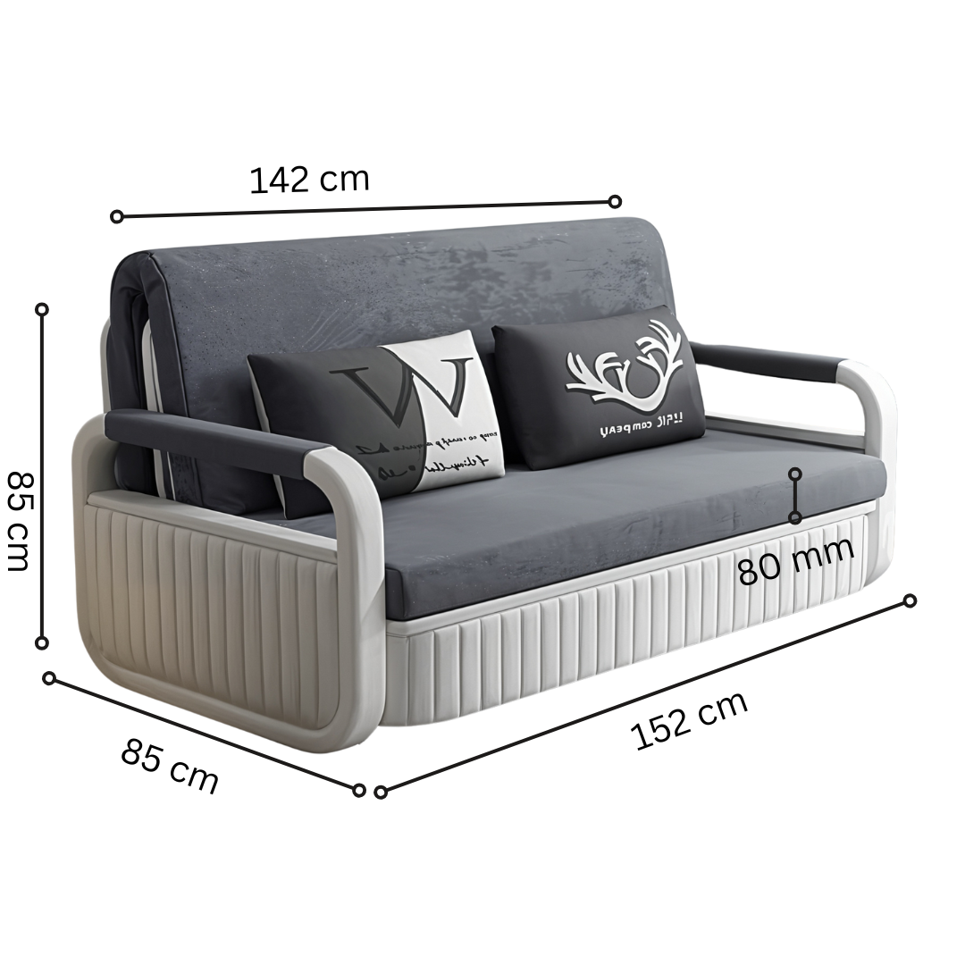 Unicorn Furniture Sofa Bed Modern Foldable Reclining Sleeper Bed Pull Out SofaBed with Storage Upholstered in Grey Cotton Linen & White Leather