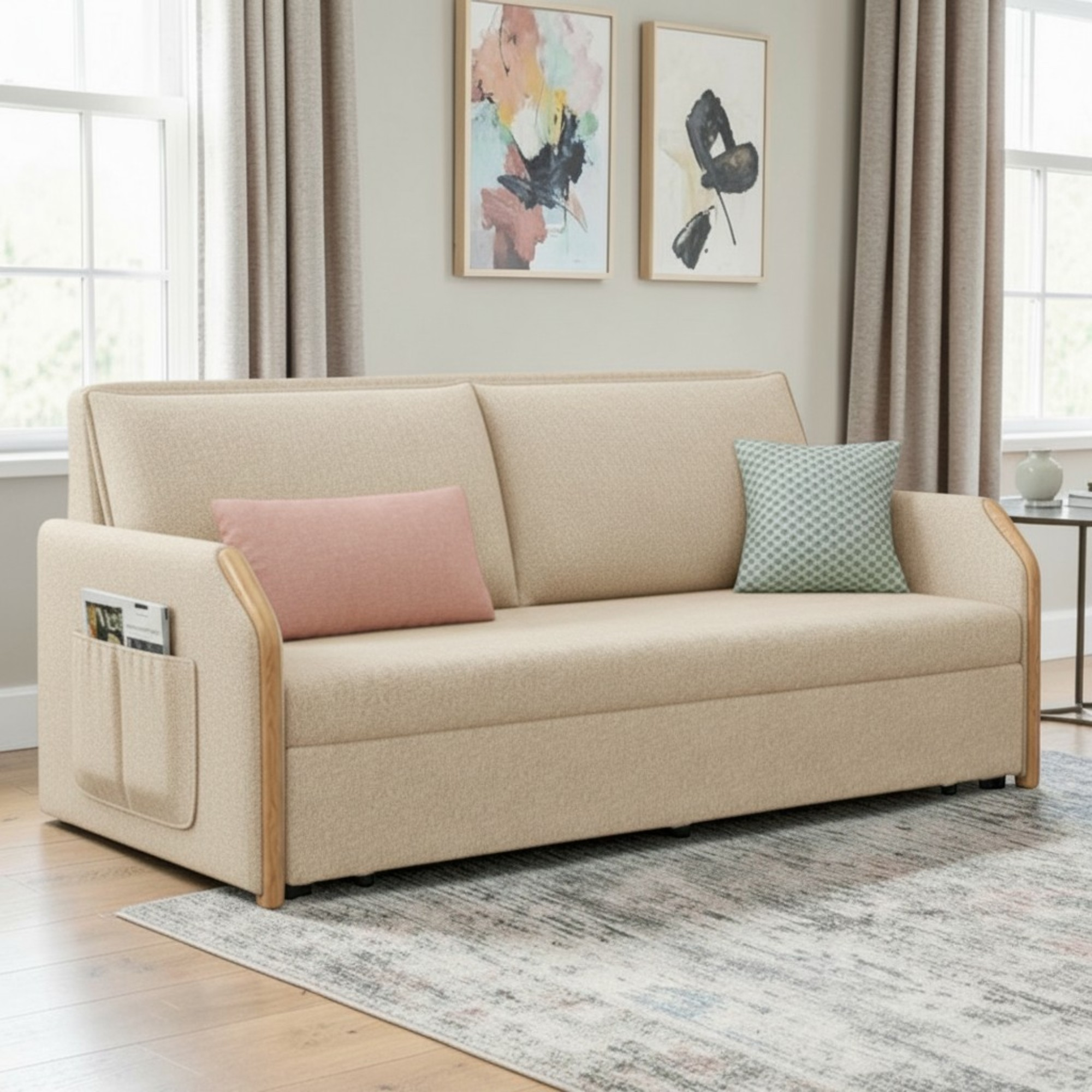 UNICORN FURNITURE Convertible Sofa Bed with Storage, King Size Pull Out Sofa Bed, 3 Seater Sofa Bed in Removable Cotton Fabric, Tool-Free Assembly Sofa Bed with Hidden Storage 170cm (Beige)