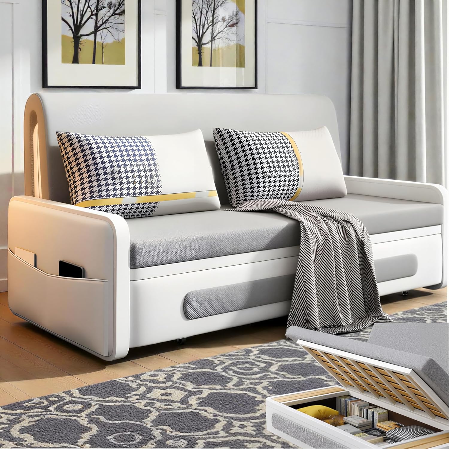 Unicorn Furniture Sofa Bed with Storage – Grey & White 2 Seater Pull Out Sofa Bed, Convertible Sleeper Sofa for Small Spaces, 158cm
