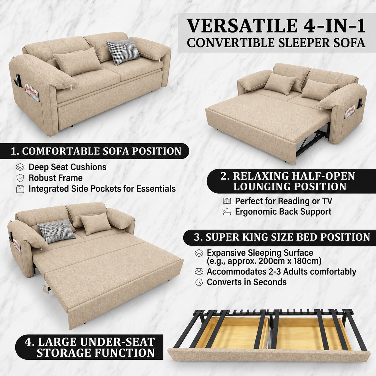 UNICORN FURNITURE Convertible Sofa Bed | Super King Pull Out Sofa Bed with Storage UK (Beige)