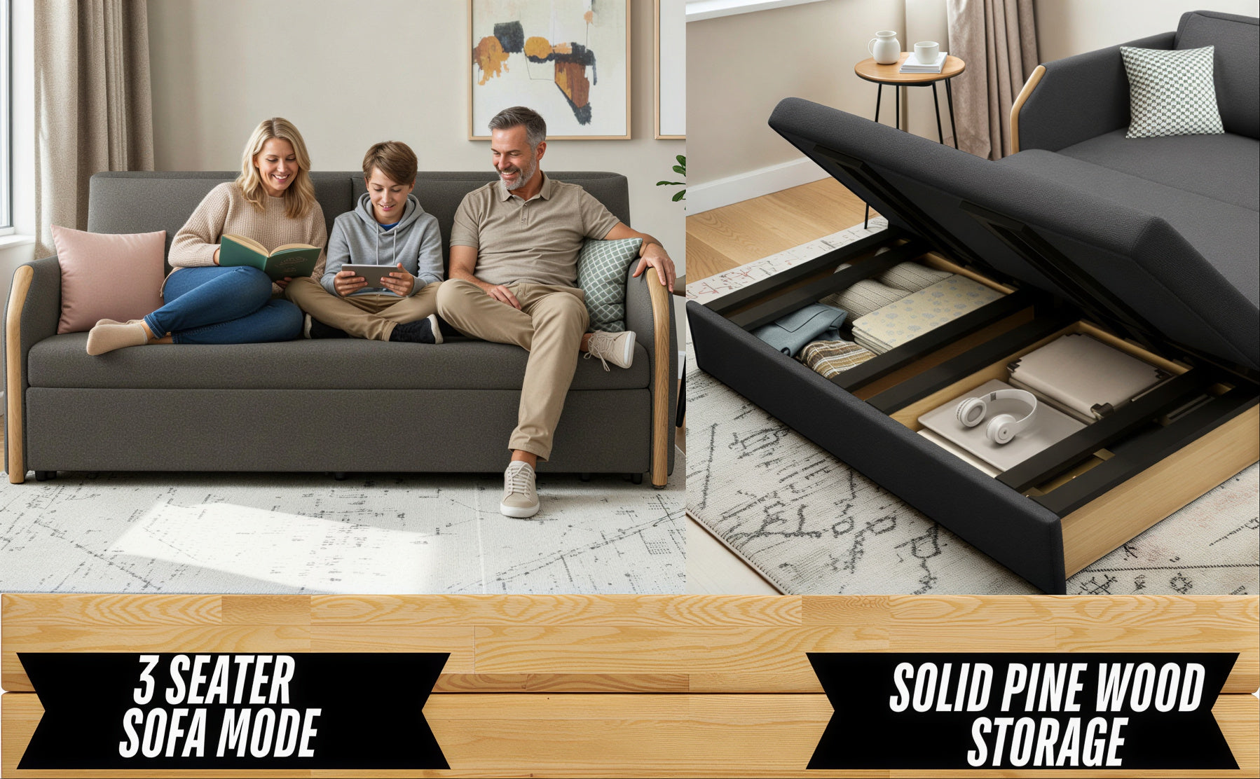 UNICORN FURNITURE Convertible Sofa Bed with Storage, King Size Pull Out Sofa Bed, 3 Seater Sofa Bed in Removable Cotton Fabric, Tool-Free Assembly Sofa Bed with Hidden Storage 170cm (Glacier Grey)