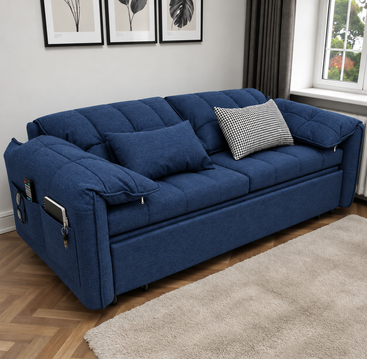 UNICORN FURNITURE Convertible Sofa Bed | Super King Pull Out Sofa Bed with Storage UK (Blue)