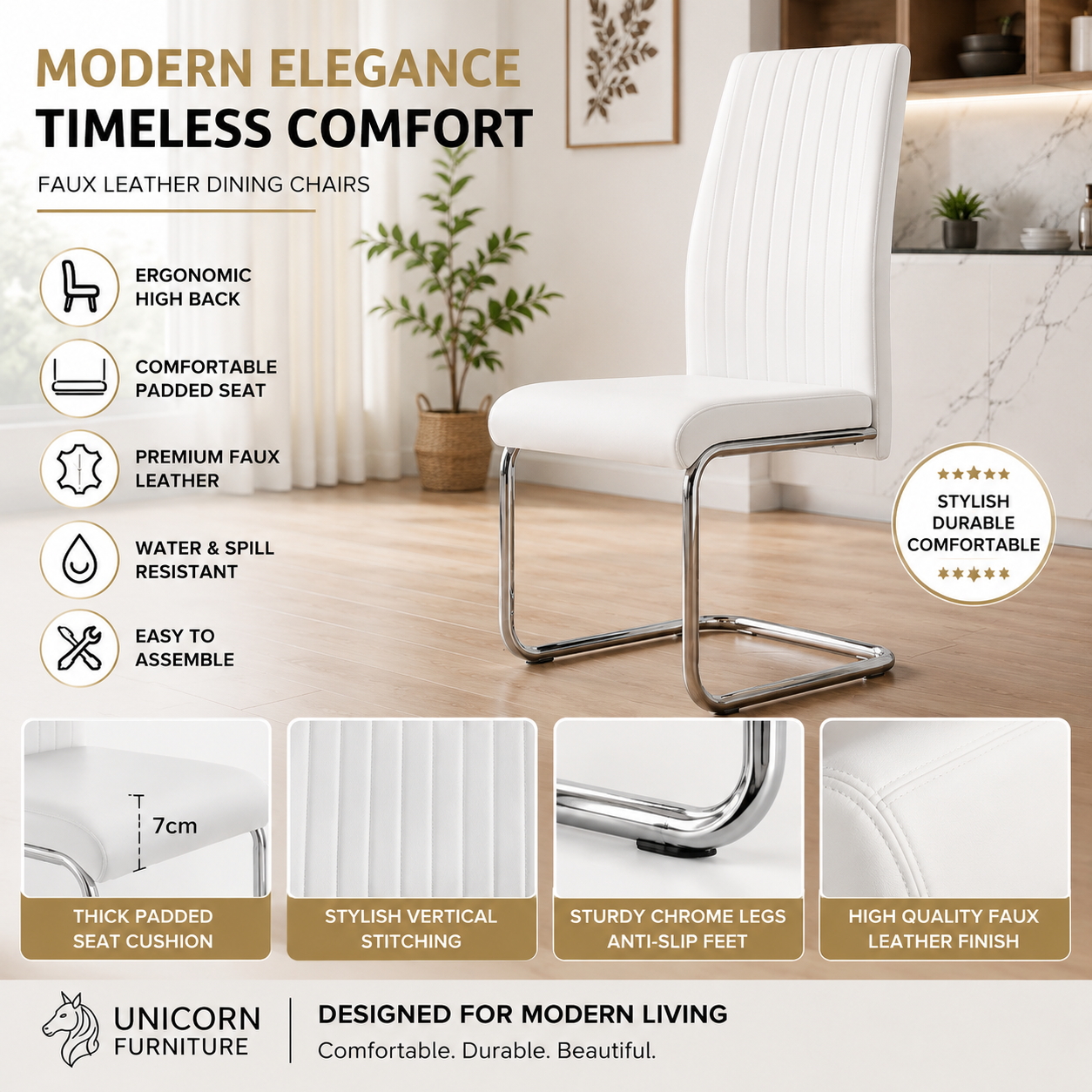 UNICORN FURNITURE 100cm Round Glass Dining Table Set with 4 Faux Leather Chairs – Chrome 4 Seater Dining Set