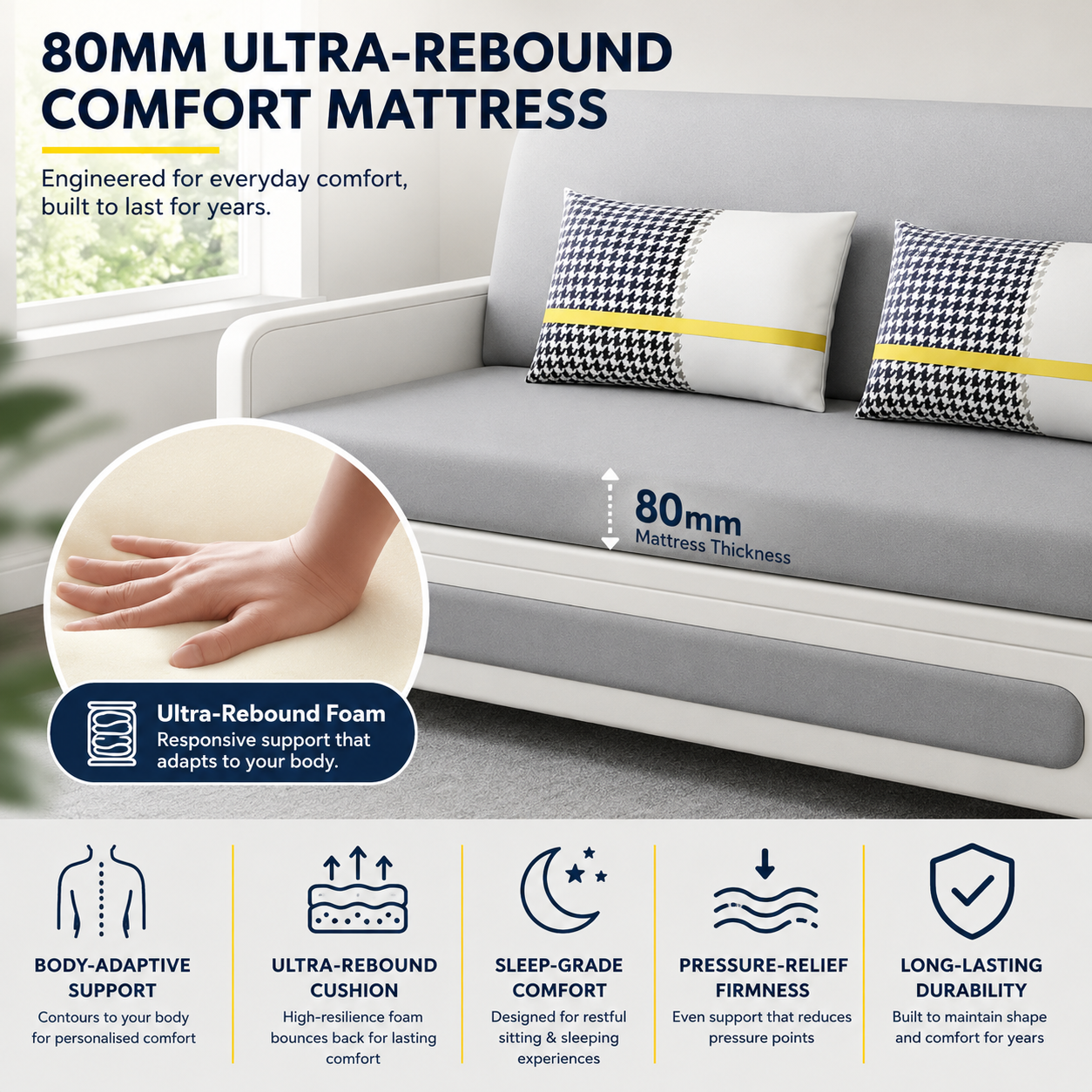 Unicorn Furniture Sofa Bed with Storage – Grey & White 2 Seater Pull Out Sofa Bed, Convertible Sleeper Sofa for Small Spaces, 158cm