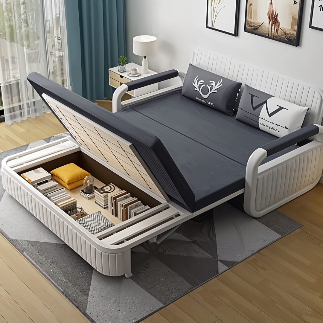 Unicorn Furniture Sofa Bed Modern Foldable Reclining Sleeper Bed Pull Out SofaBed with Storage Upholstered in Grey Cotton Linen & White Leather