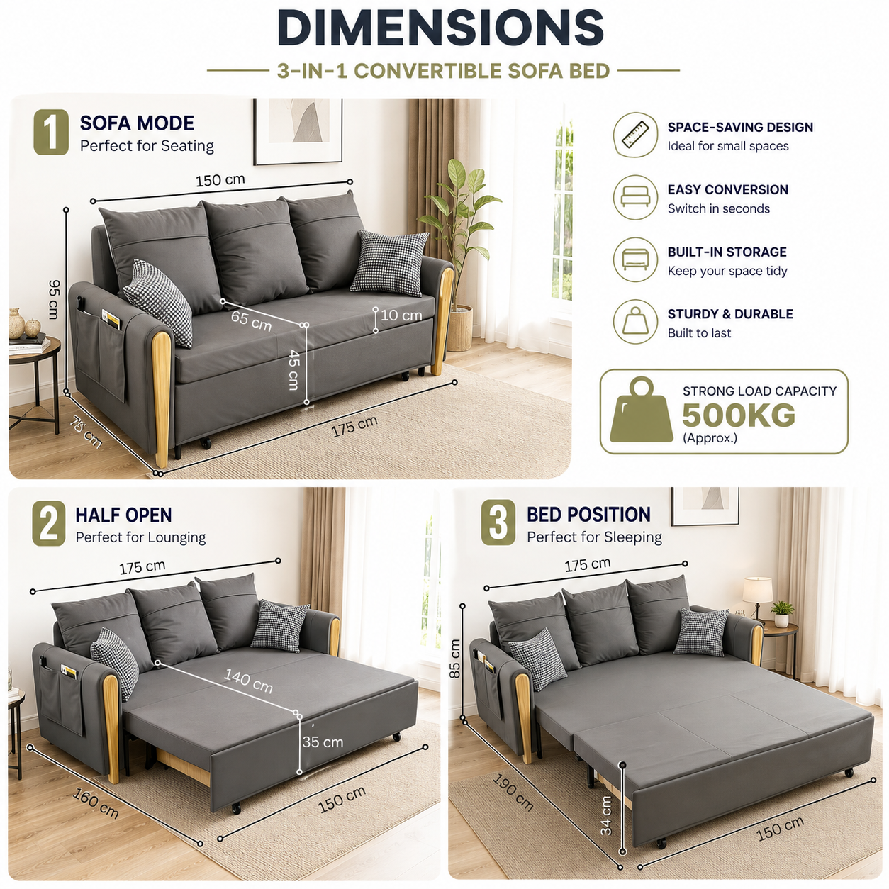 Unicorn Furniture Sofa Bed with Storage – 3 Seater Pull Out Convertible Sofa Bed, Reclining Sleeper in Breathable Leathaire