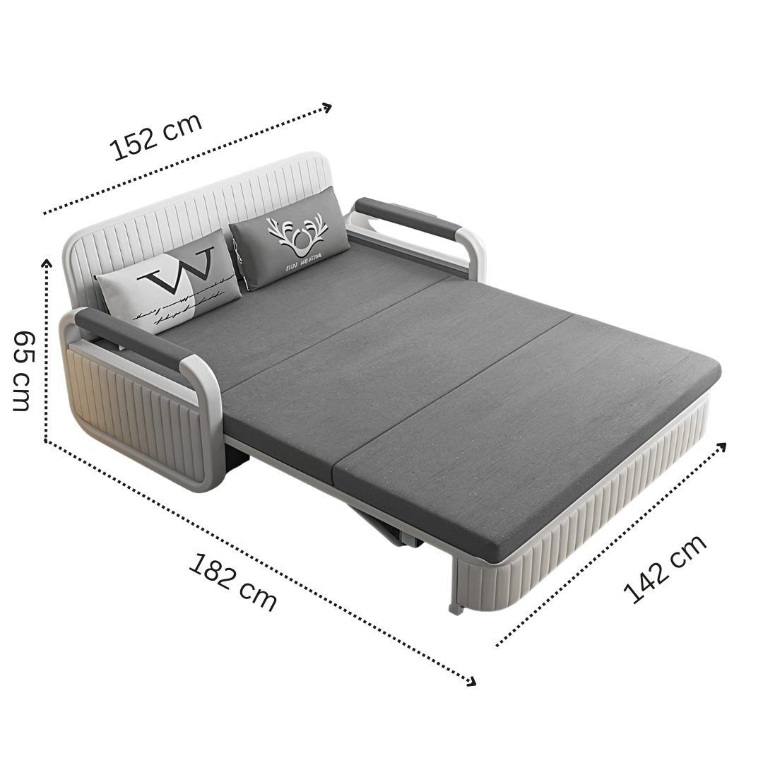 Unicorn Furniture Sofa Bed Modern Foldable Reclining Sleeper Bed Pull Out SofaBed with Storage Upholstered in Grey Cotton Linen & White Leather