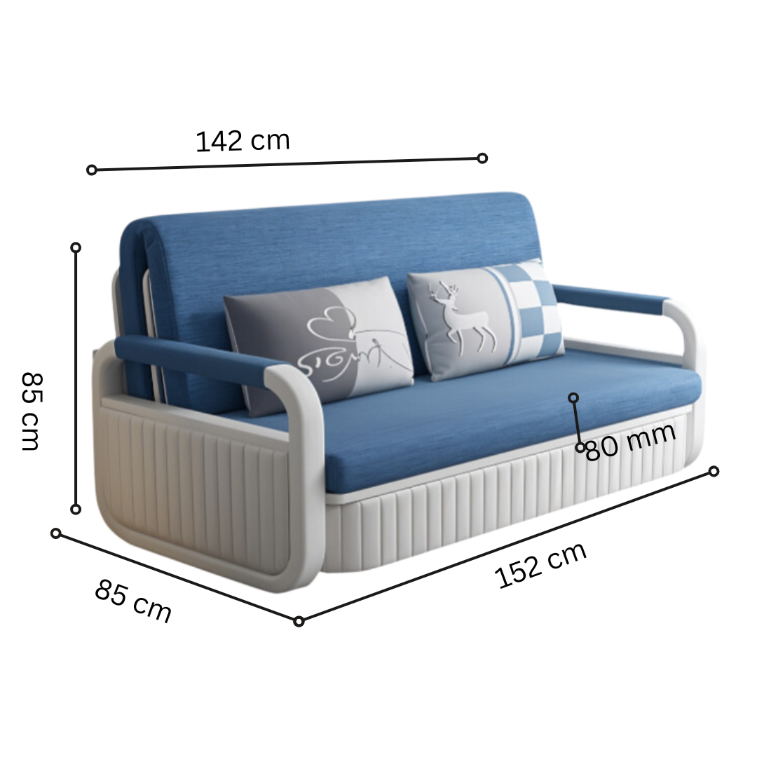 Unicorn Furniture Sofa Bed Modern Foldable Reclining Sleeper Bed Pull Out SofaBed with Storage Upholstered in Blue Cotton Linen & White Leather