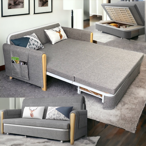 Unicorn Furniture Sofa Bed - Modern Foldable Bed - Pull Out Sofa Bed with Storage Breathable Cotton Linen Fabric- Sofabed- sofa cum bed in -Padded armrests (Grey)
