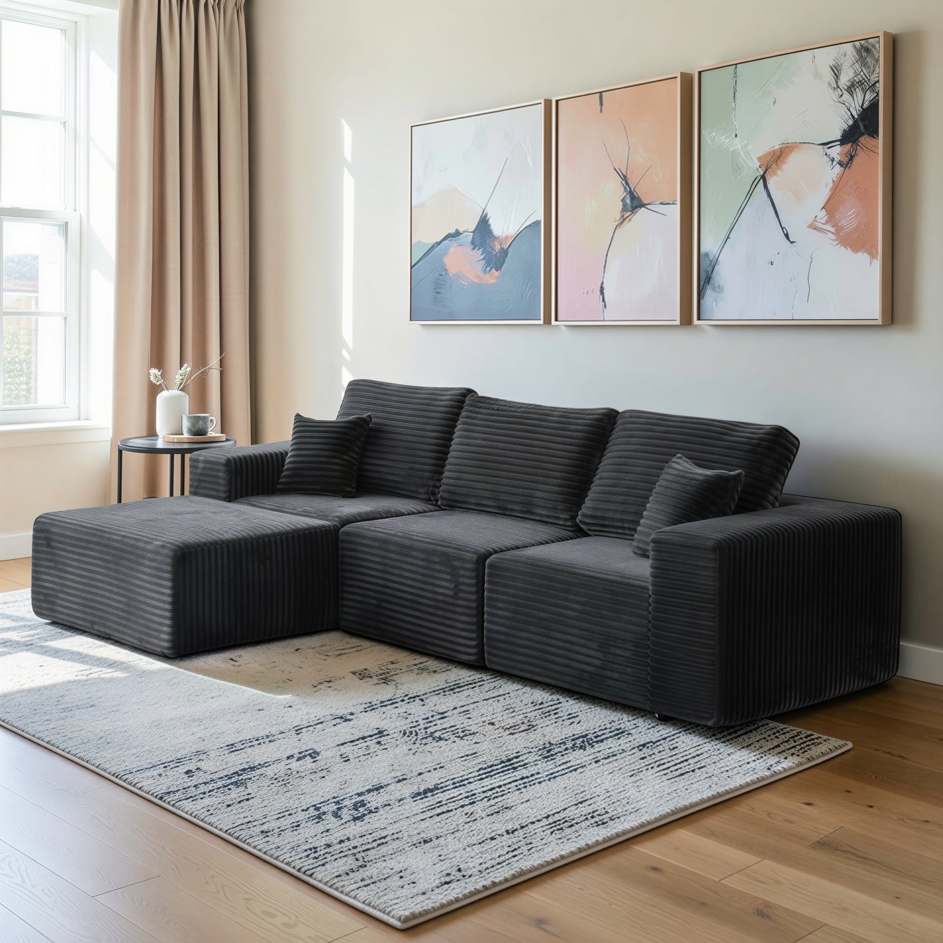 UNICORN FURNITURE Modular Cloud Sofa Bed in a Box – 275cm L-Shaped Boneless Couch, Deep Seat Memory Foam Sectional Sofa, Pet Friendly Corduroy Corner Sofa with Chaise (Dark Grey)