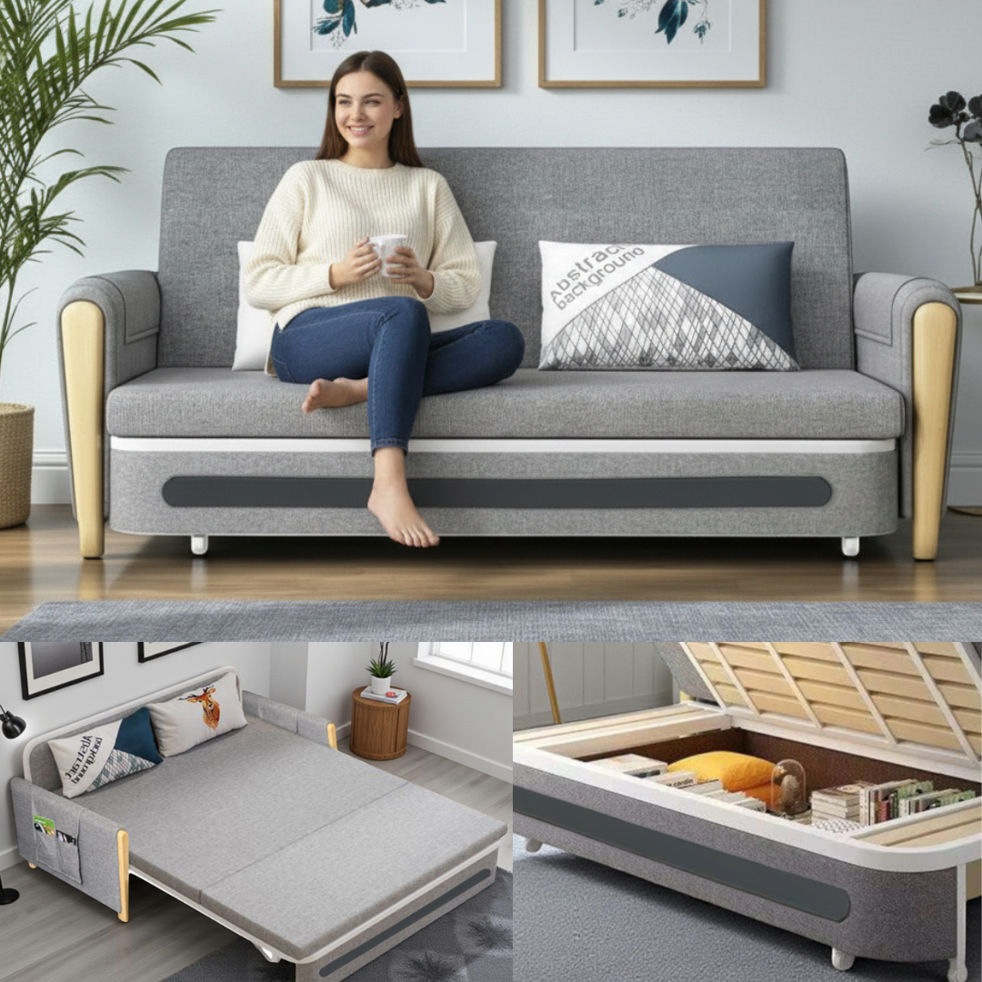 UNICORN FURNITURE Convertible Sleeper Sofa Bed Modern Reclining Foldable Bed Pull Out Sofa Bed With Storage Space Saving Multifunctional Sofabed (Grey/White Padded Armrests)