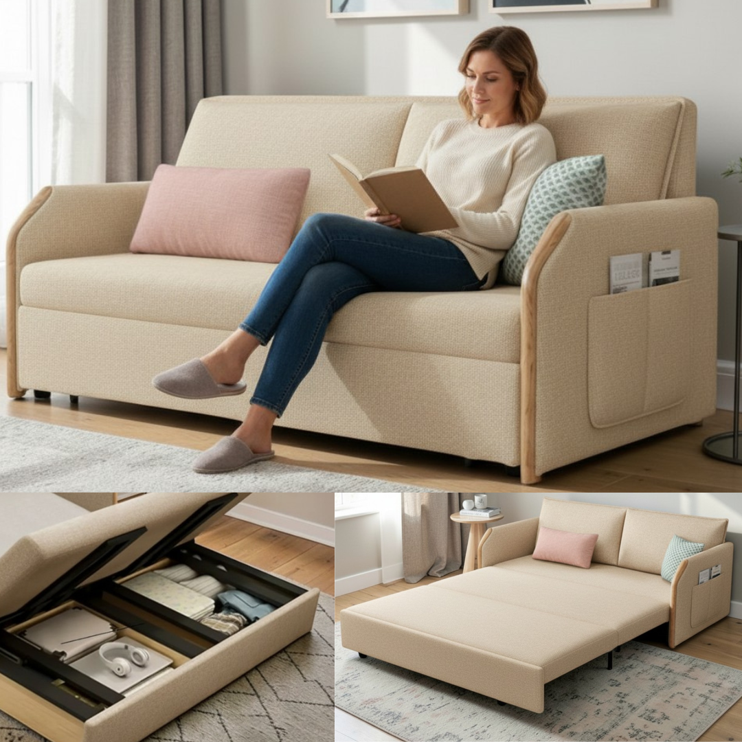 UNICORN FURNITURE Convertible Sofa Bed with Storage, King Size Pull Out Sofa Bed, 3 Seater Sofa Bed in Removable Cotton Fabric, Tool-Free Assembly Sofa Bed with Hidden Storage 170cm (Beige)