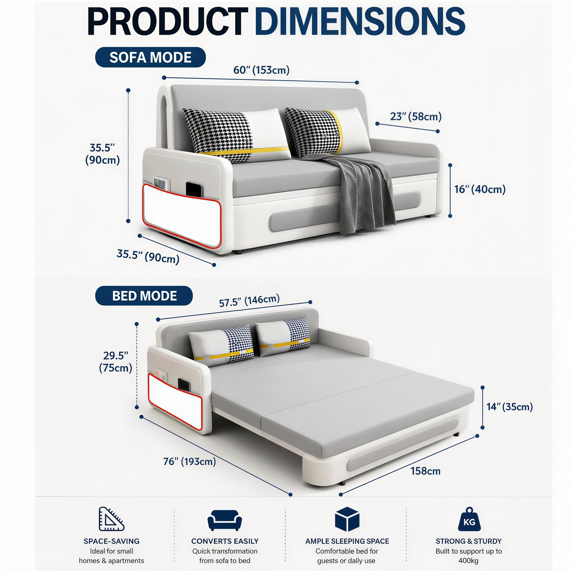 Unicorn Furniture Sofa Bed with Storage – Grey & White 2 Seater Pull Out Sofa Bed, Convertible Sleeper Sofa for Small Spaces, 158cm