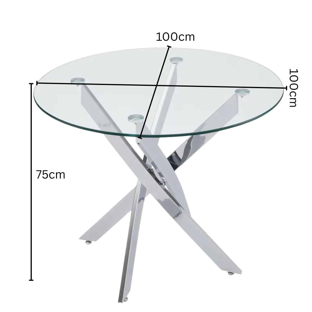 UNICORN FURNITURE 100cm Round Glass Dining Table Set with 4 Faux Leather Chairs – Modern Chrome Nest Design, Tempered Glass Top, for Kitchen & Dining Room