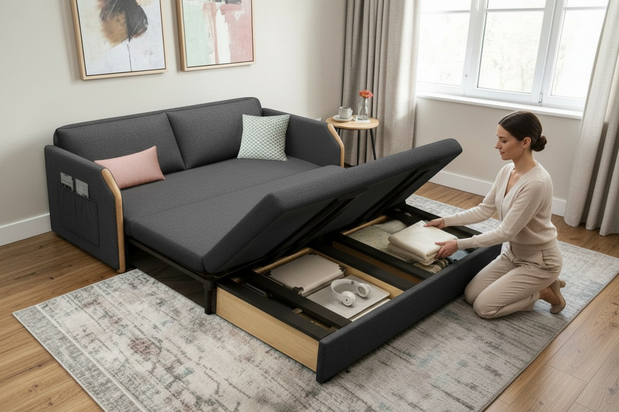 UNICORN FURNITURE Convertible Sofa Bed with Storage, King Size Pull Out Sofa Bed, 3 Seater Sofa Bed in Removable Cotton Fabric, Tool-Free Assembly Sofa Bed with Hidden Storage 170cm (Glacier Grey)