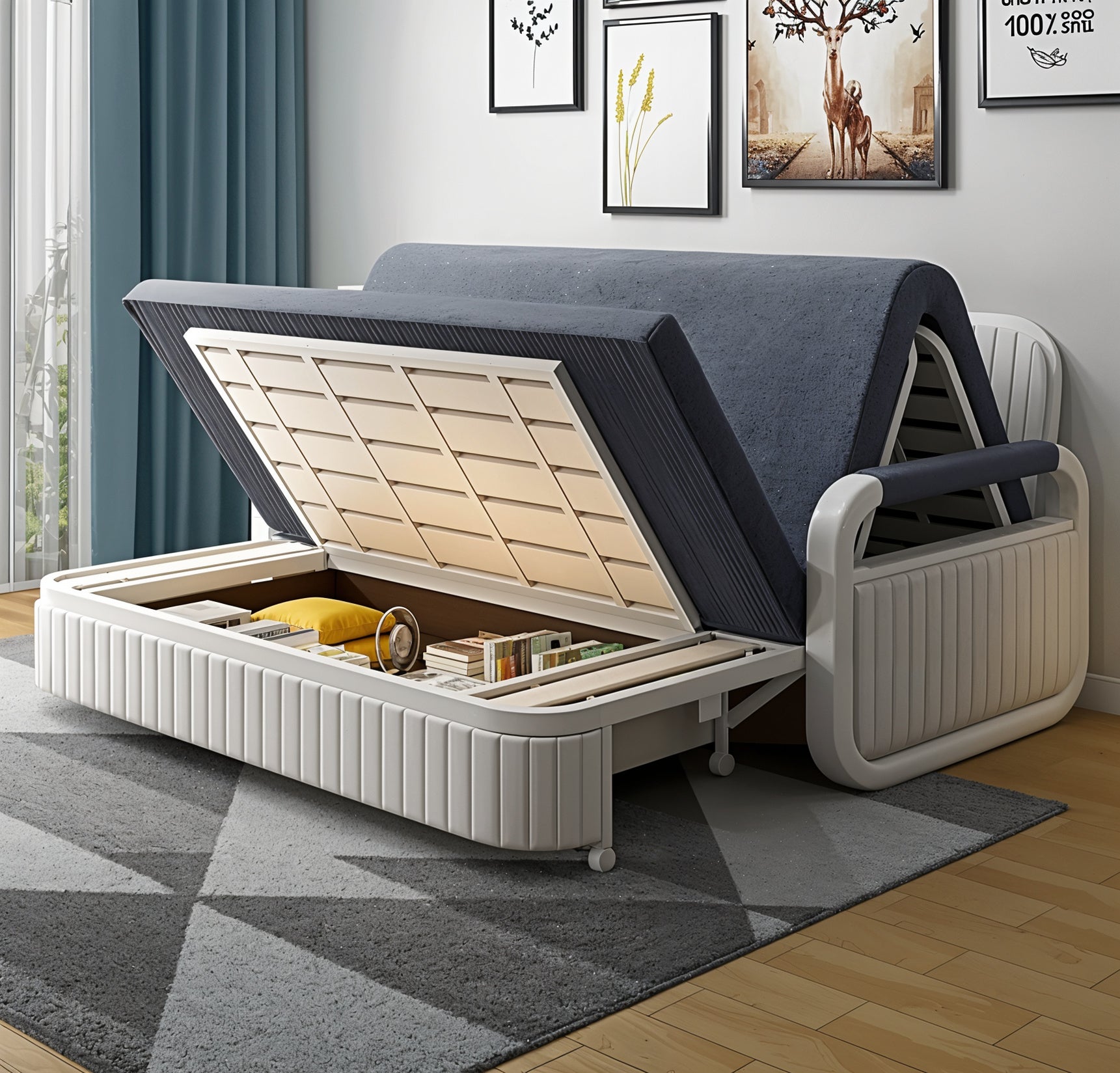 Unicorn Furniture Sofa Bed Modern Foldable Reclining Sleeper Bed Pull Out SofaBed with Storage Upholstered in Grey Cotton Linen & White Leather