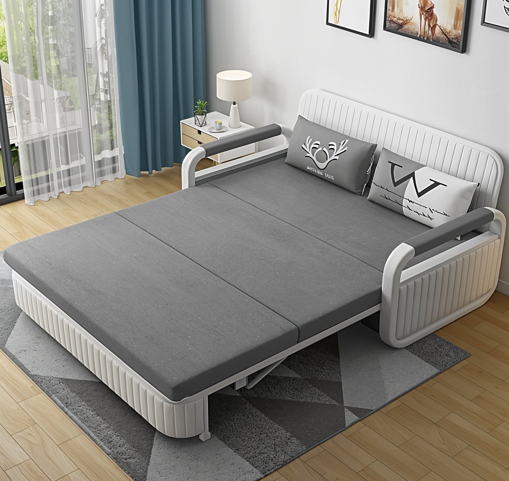 Unicorn Furniture Sofa Bed Modern Foldable Reclining Sleeper Bed Pull Out SofaBed with Storage Upholstered in Grey Cotton Linen & White Leather