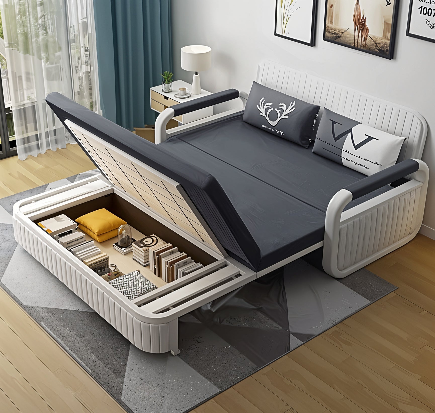Unicorn Furniture Sofa Bed Modern Foldable Reclining Sleeper Bed Pull Out SofaBed with Storage Upholstered in Grey Cotton Linen & White Leather