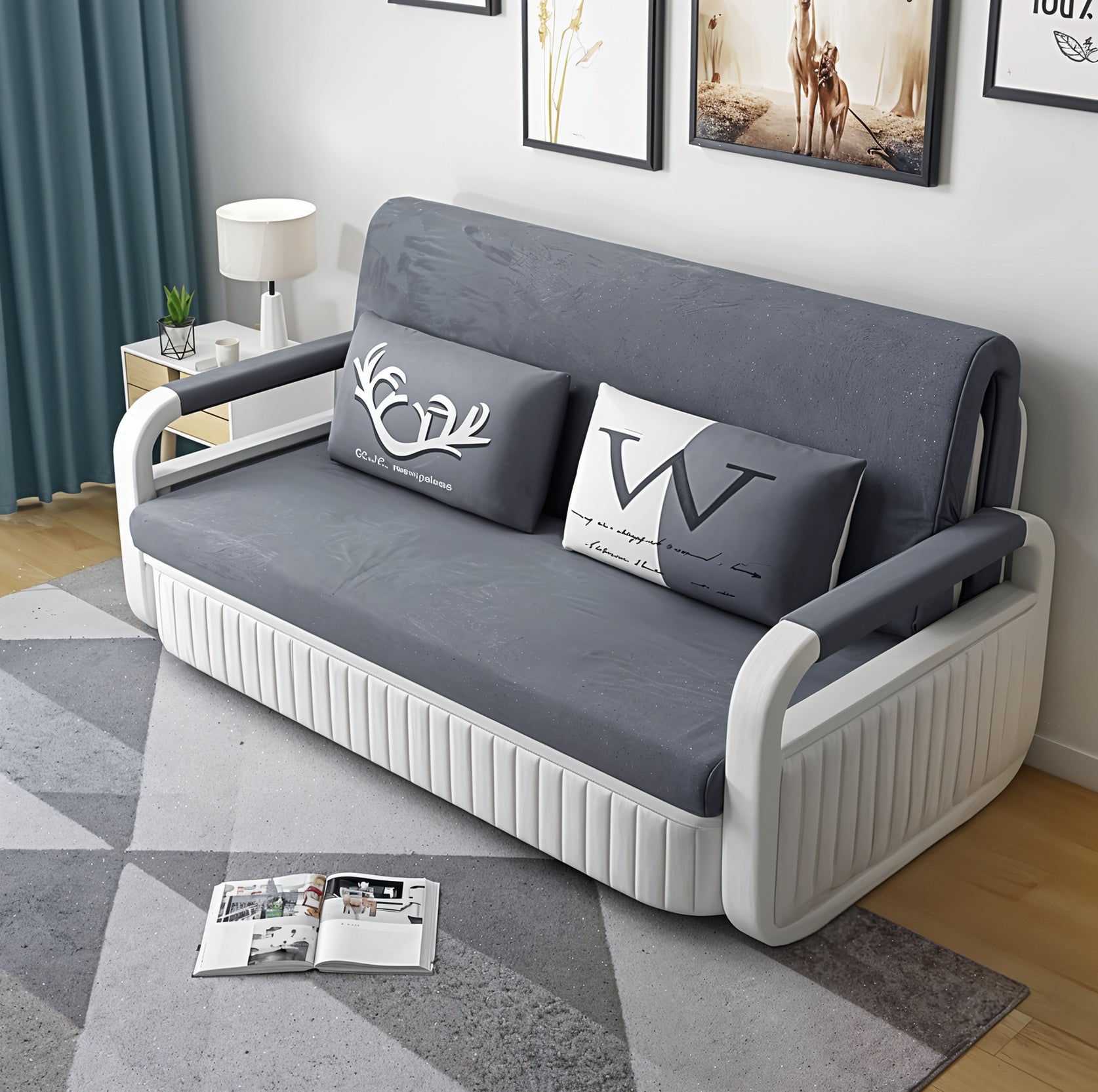 Unicorn Furniture Sofa Bed Modern Foldable Reclining Sleeper Bed Pull Out SofaBed with Storage Upholstered in Grey Cotton Linen & White Leather