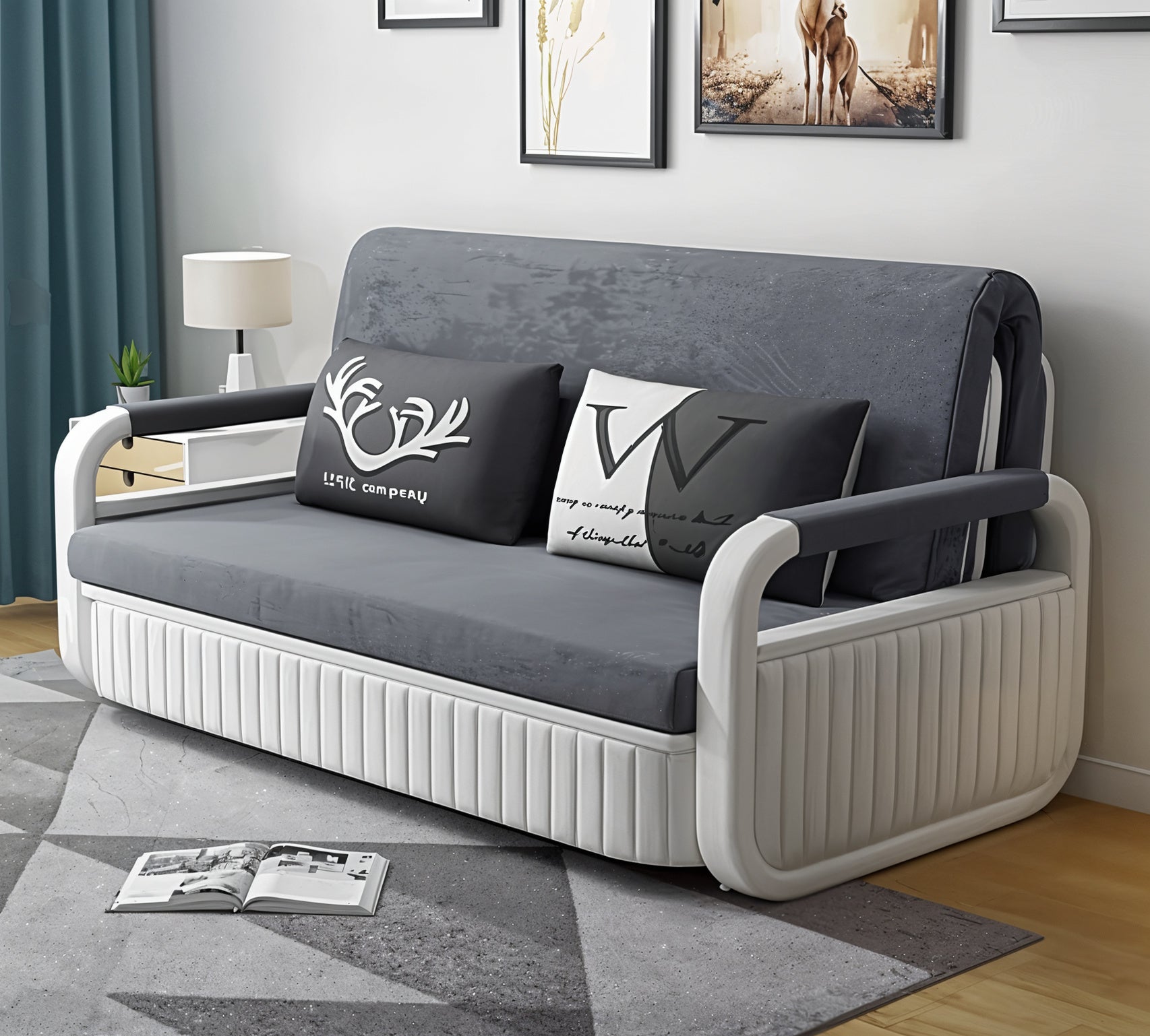 Unicorn Furniture Sofa Bed Modern Foldable Reclining Sleeper Bed Pull Out SofaBed with Storage Upholstered in Grey Cotton Linen & White Leather