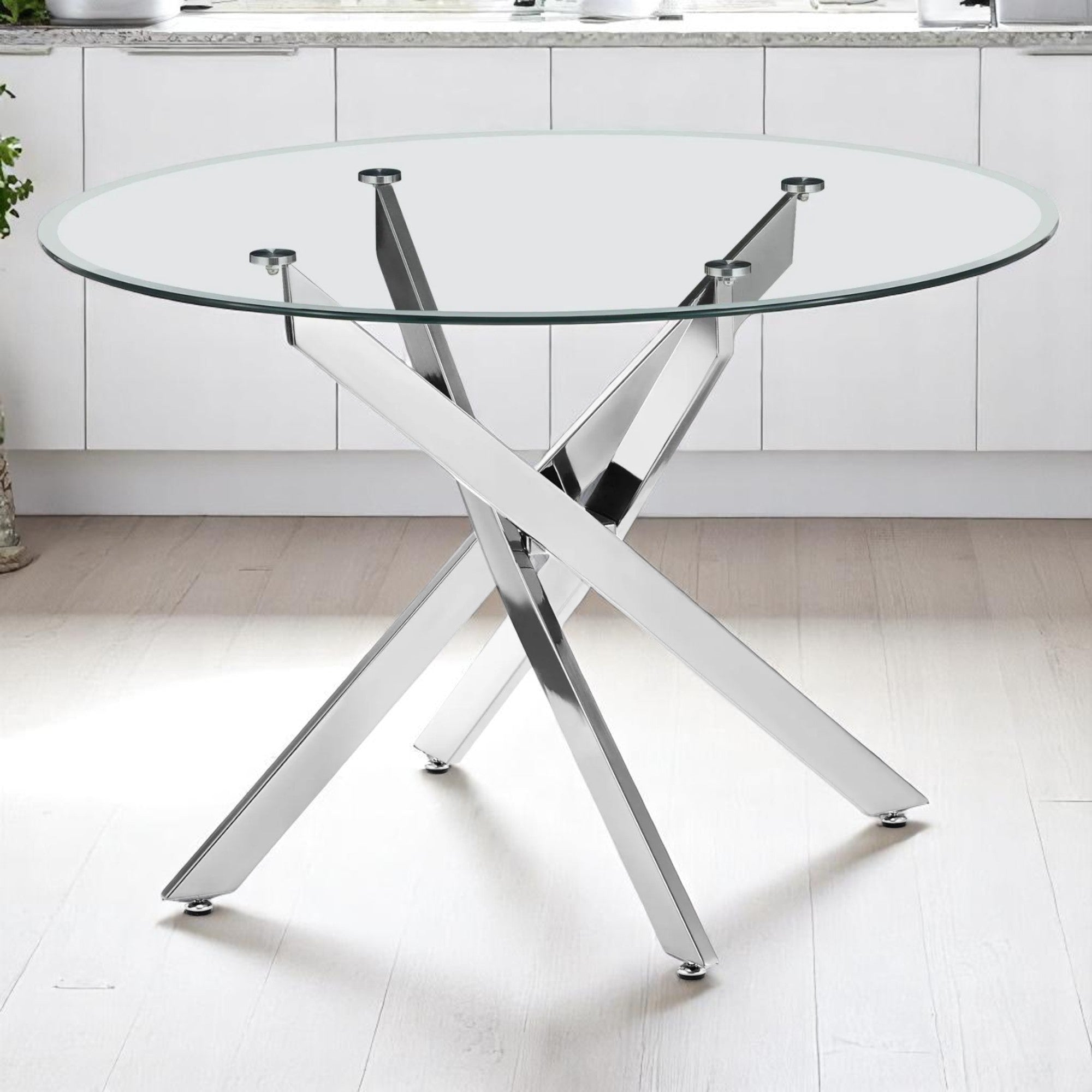 UNICORN FURNITURE 100cm Round Glass Dining Table Set with 4 Faux Leather Chairs – Modern Chrome Nest Design, Tempered Glass Top, for Kitchen & Dining Room