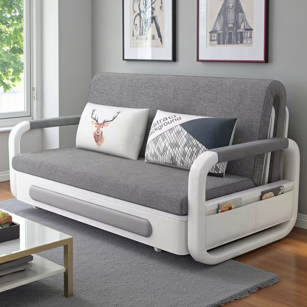 UNICORN FURNITURE Double Pull-Out Sofa Bed with Storage (158cm) – Grey Fabric + White Faux Leather | Convertible Sleeper Sofa Bed for Small Spaces