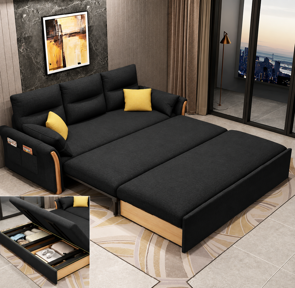 Unicorn Furniture Convertible Sofa Bed – King Size 3 Seater Pull Out Sofa Bed with Storage, Reclining Sleeper Couch, Tool-Free Assembly for Living Room & Guest Room (Black)