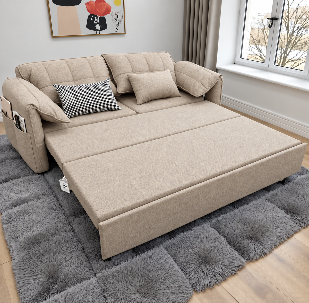 UNICORN FURNITURE Convertible Sofa Bed | Super King Pull Out Sofa Bed with Storage UK (Beige)