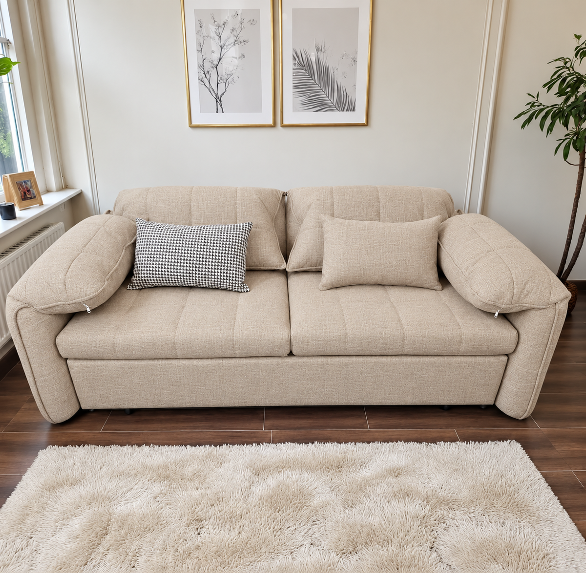 UNICORN FURNITURE Convertible Sofa Bed | Super King Pull Out Sofa Bed with Storage UK (Beige)