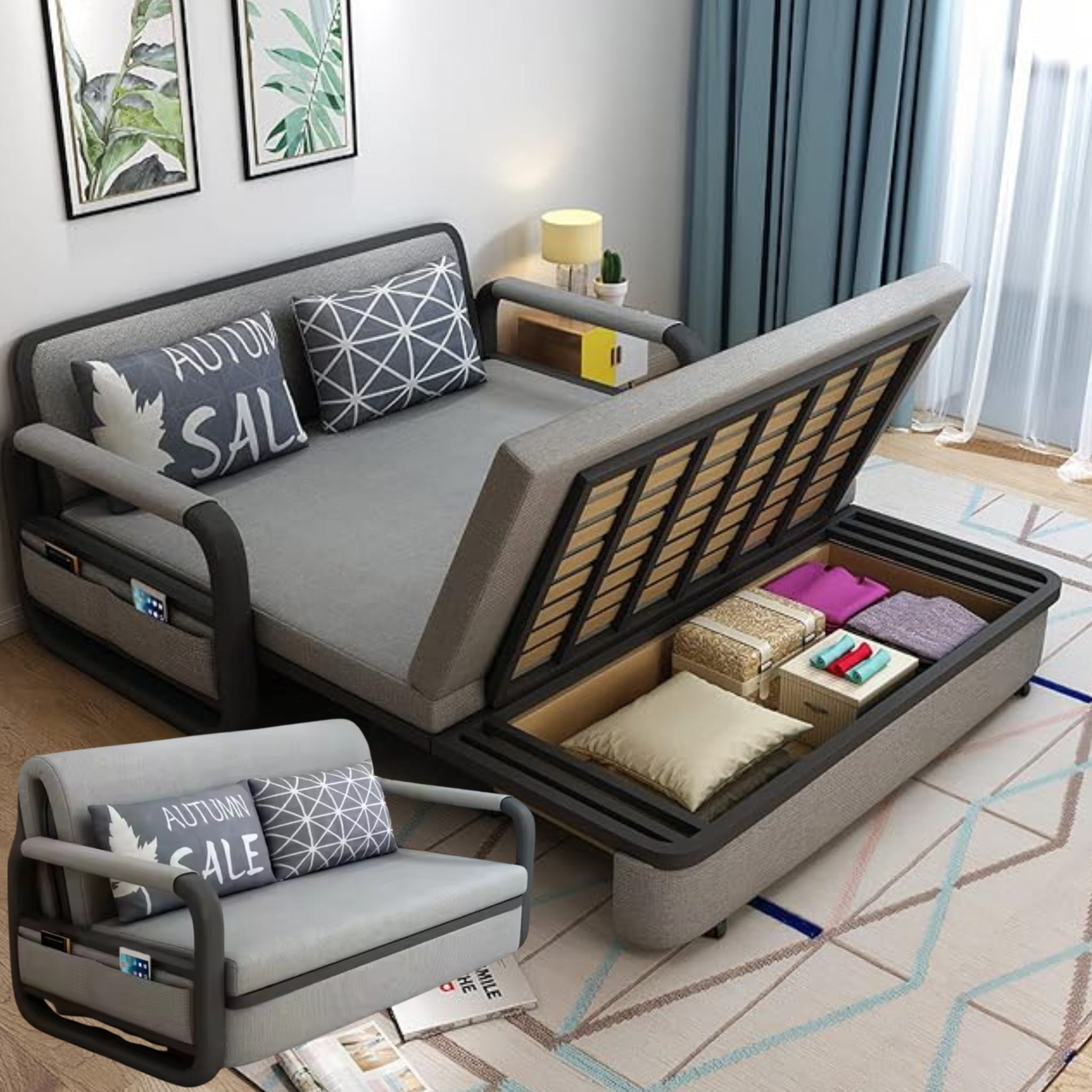 Unicorn Furniture Sofa Bed Modern Foldable Reclining Sleeper Bed Pull Out SofaBed with Storage Upholstered in Grey Cotton Linen Fabric( Grey & Black)