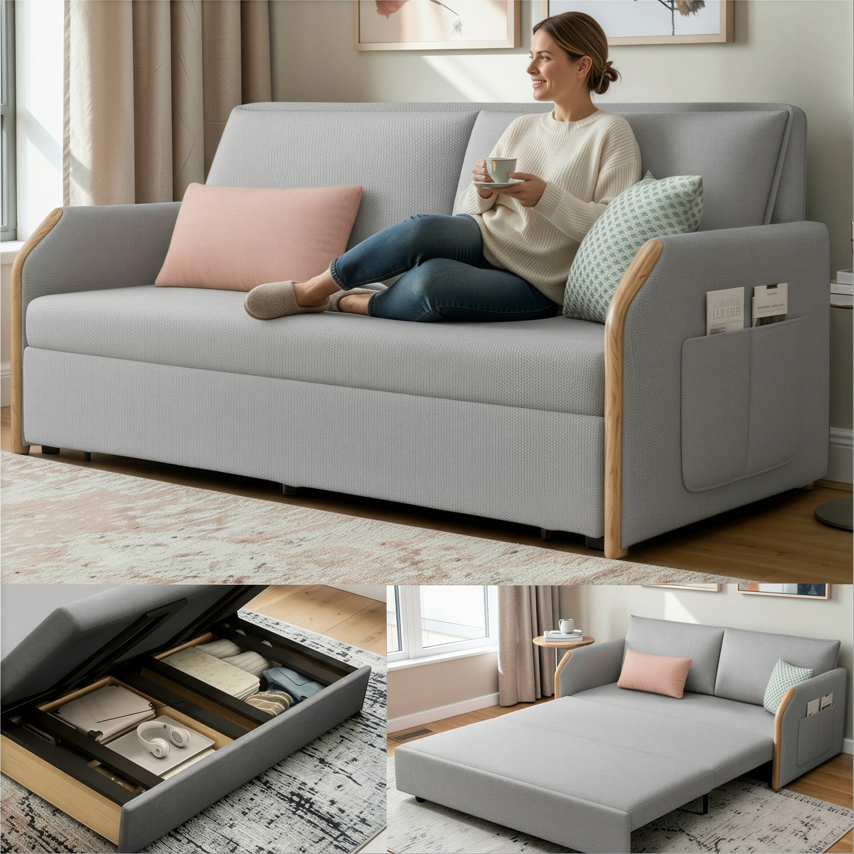 UNICORN FURNITURE Convertible Sofa Bed with Storage, King Size Pull Out Sofa Bed, 3 Seater Sofa Bed in Removable Cotton Fabric, Tool-Free Assembly Sofa Bed with Hidden Storage 170cm (Glacier Grey)