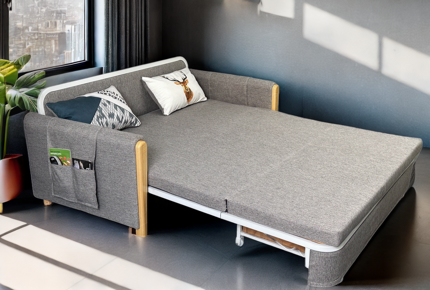 Unicorn Furniture Sofa Bed - Modern Foldable Bed - Pull Out Sofa Bed with Storage Breathable Cotton Linen Fabric- Sofabed- sofa cum bed in -Padded armrests (Grey)