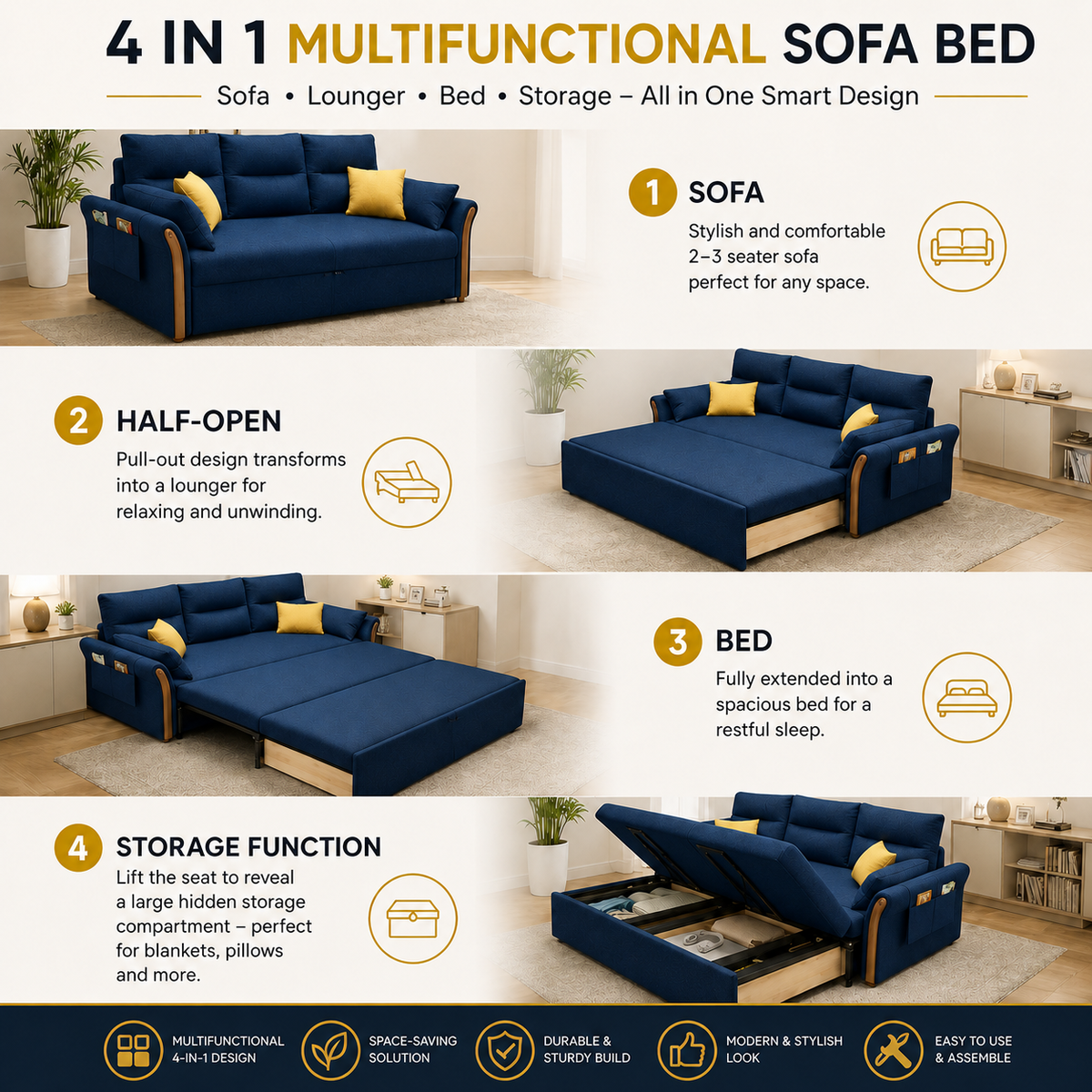 Unicorn Furniture Convertible Sofa Bed – King Size 3 Seater Pull Out Sofa Bed with Storage, Reclining Sleeper Couch, Tool-Free Assembly for Living Room & Guest Room (Blue)
