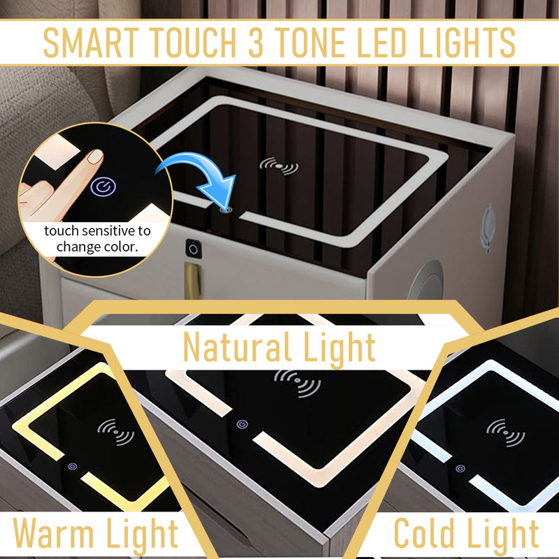 Smart Bedside Table With Smart Fingerprint Lock 5.0 Bluetooth Speakers 2 Drawers Built-in Three-Tone Lights Wireless Charging