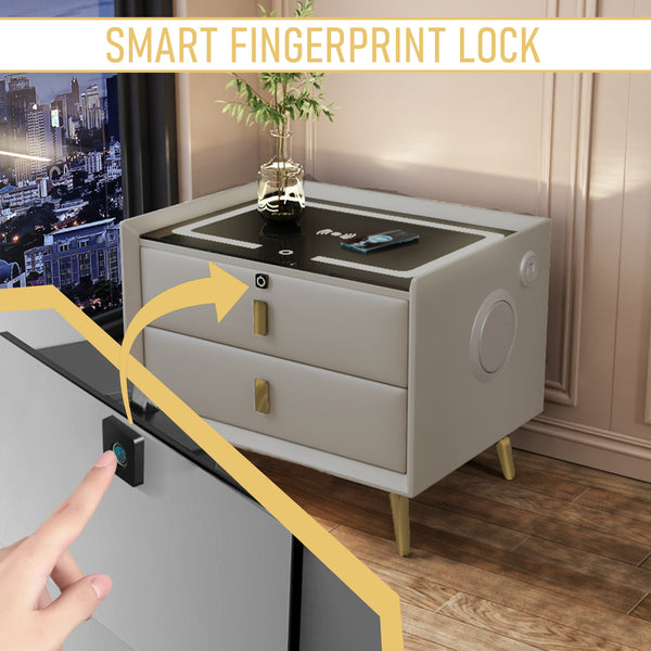 Smart Bedside Table With Smart Fingerprint Lock 5.0 Bluetooth Speakers 2 Drawers, Built-in Three-Tone Lights Wireless Charging