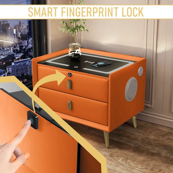 Smart Bedside Table With Smart Fingerprint Lock 5.0 Bluetooth Speakers 2 Drawers Built-in Three-Tone Lights Wireless Charging