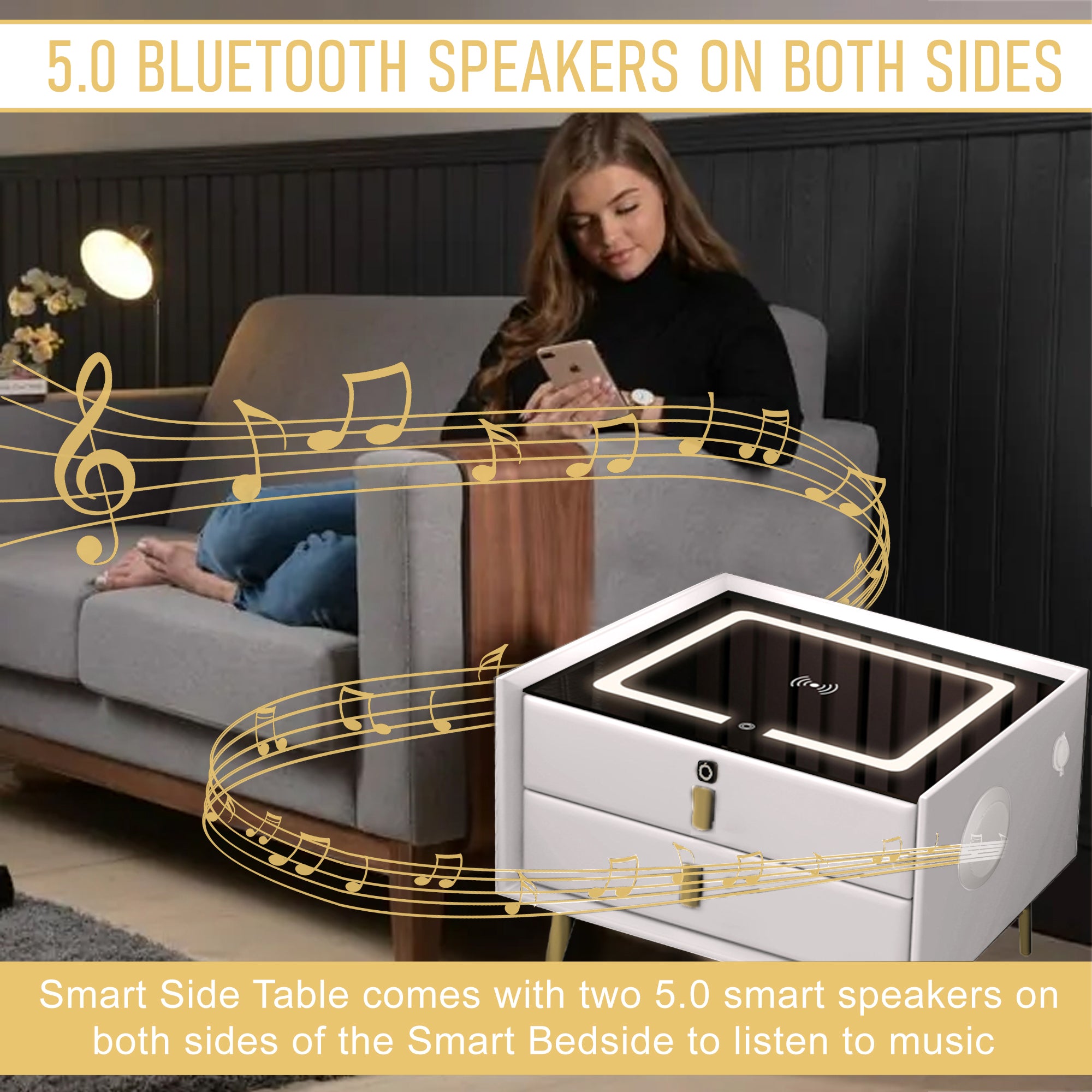 Smart Bedside Table With Smart Fingerprint Lock 5.0 Bluetooth Speakers 2 Drawers, Built-in Three-Tone Lights Wireless Charging