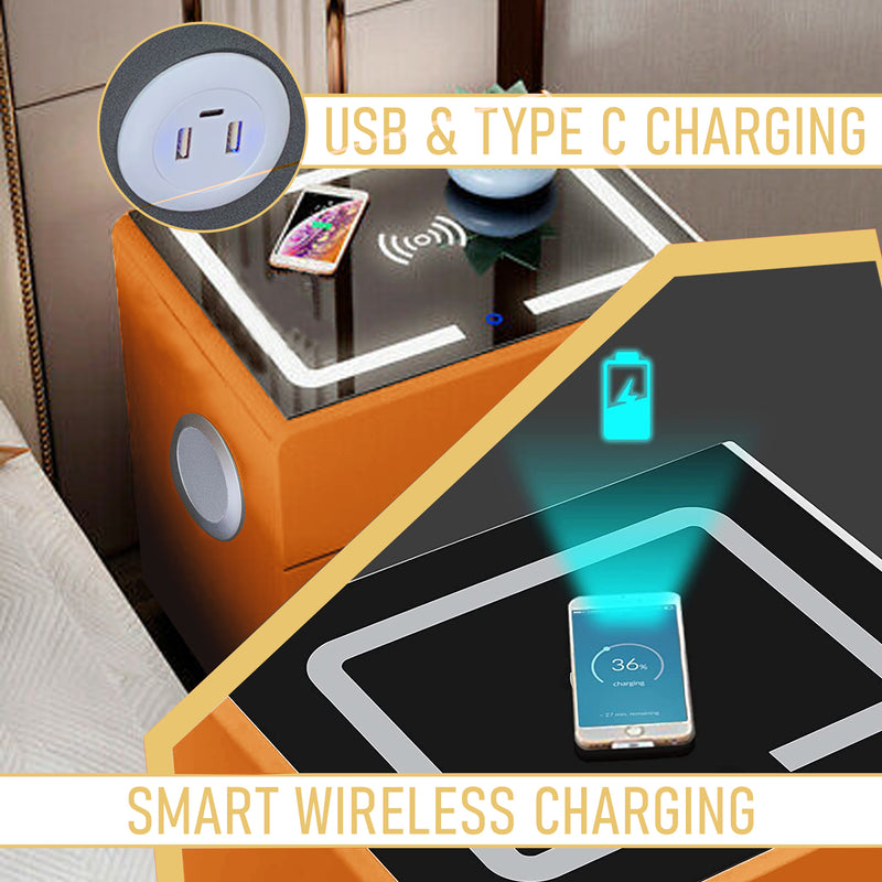 Smart Bedside Table With Smart Fingerprint Lock 5.0 Bluetooth Speakers 2 Drawers Built-in Three-Tone Lights Wireless Charging