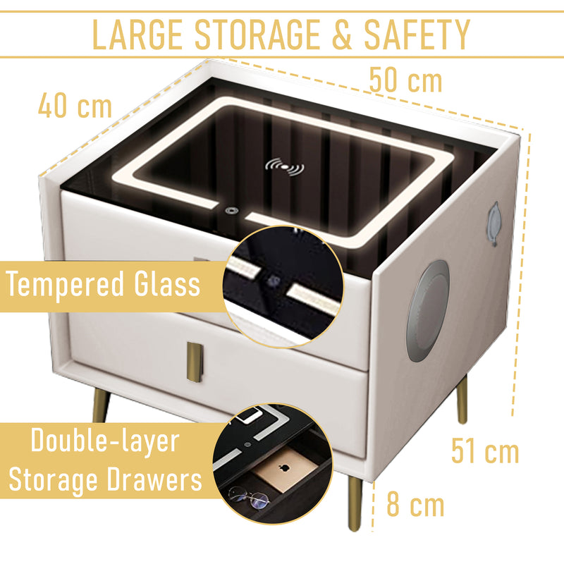 Smart Bedside Table With Smart Fingerprint Lock 5.0 Bluetooth Speakers 2 Drawers, Built-in Three-Tone Lights Wireless Charging